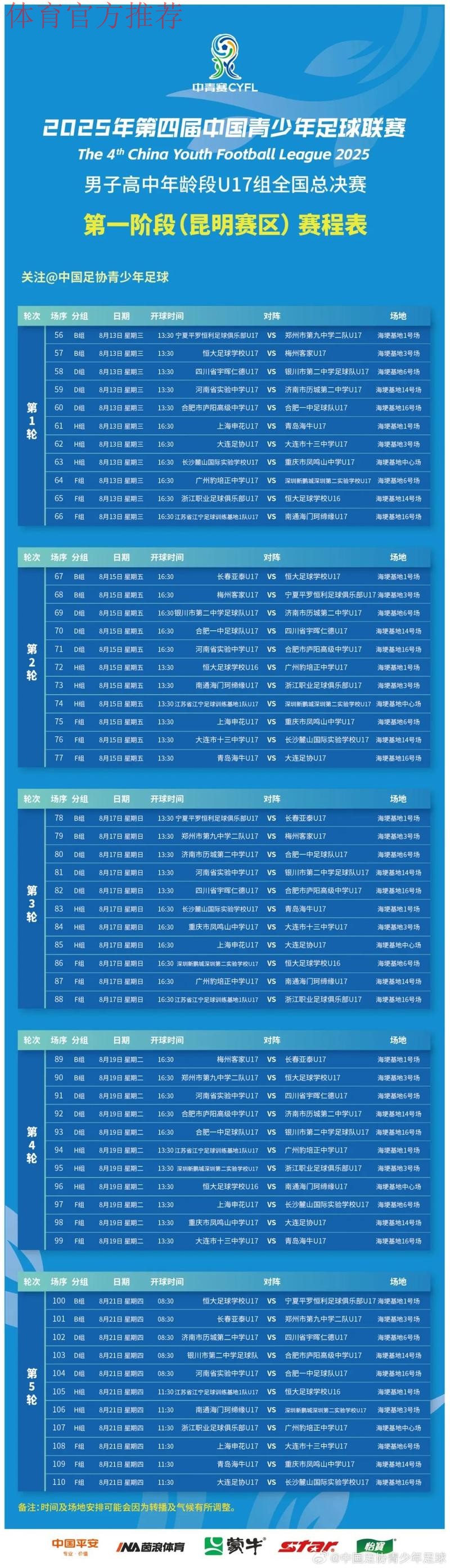 中国青少年足球联赛（男子高中年龄段U17组）预选赛第一阶段分组出炉